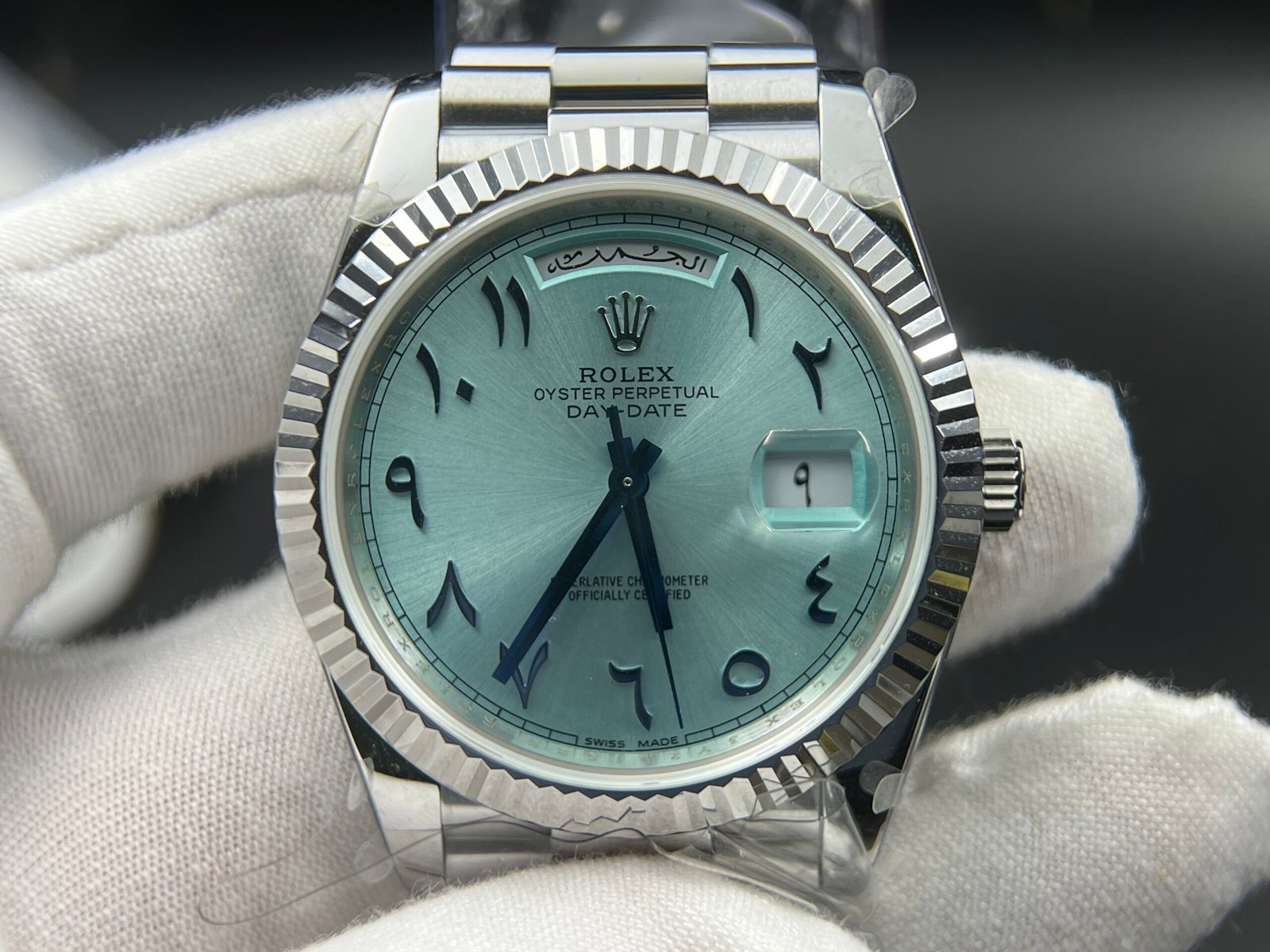 Day Date 40 SS 904L Steel QF 1:1 Best Edition Blue Dial with Arabic Markers on SS Bracelet (Tungsten Heavy Version) - Image 3