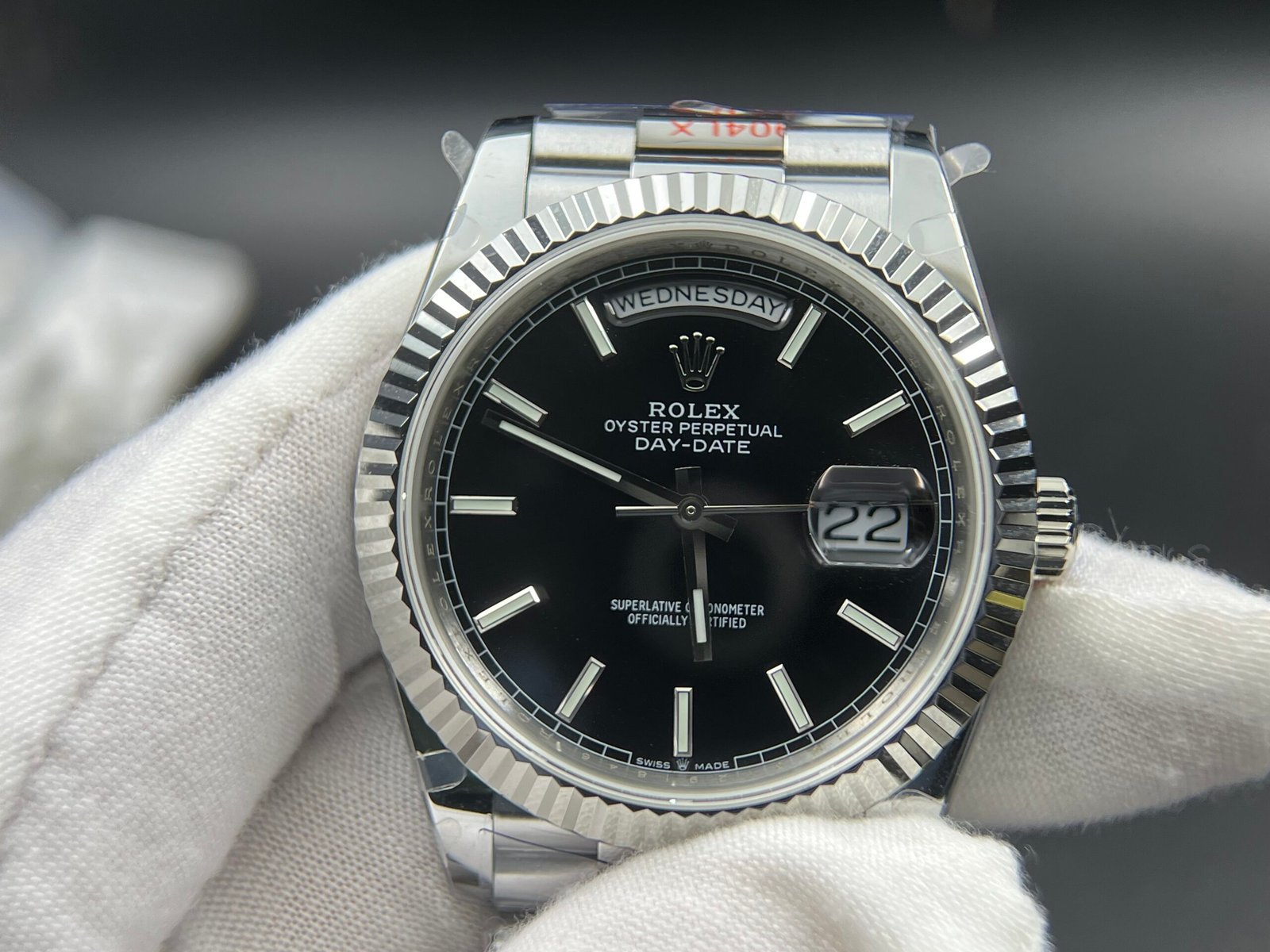 Day Date 40 SS 904L Steel QF 1:1 Best Edition Black Stick Dial on SS Bracelet A2836 (Tungsten Heavy Version) - Image 2