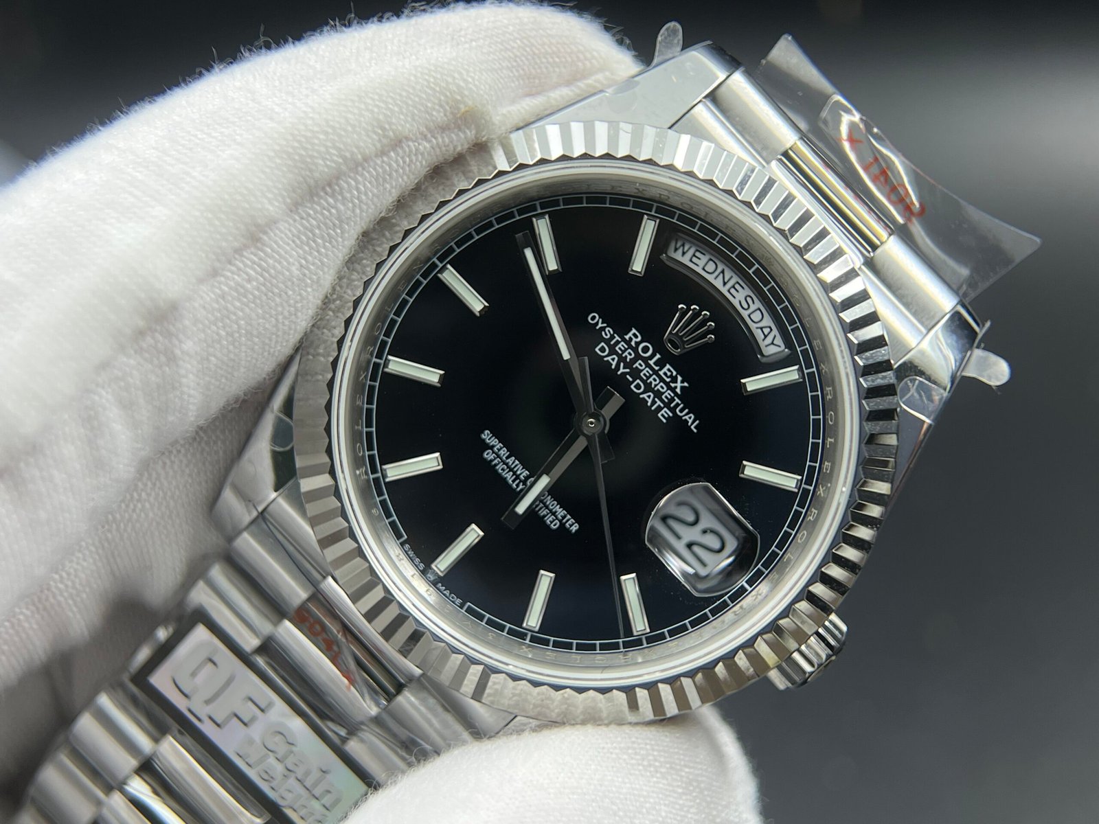 Day Date 40 SS 904L Steel QF 1:1 Best Edition Black Stick Dial on SS Bracelet A2836 (Tungsten Heavy Version)