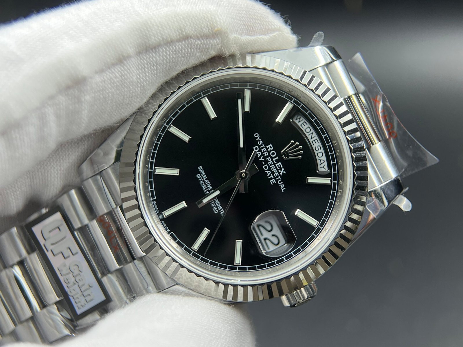 Day Date 40 SS 904L Steel QF 1:1 Best Edition Black Stick Dial on SS Bracelet A2836 (Tungsten Heavy Version) - Image 4