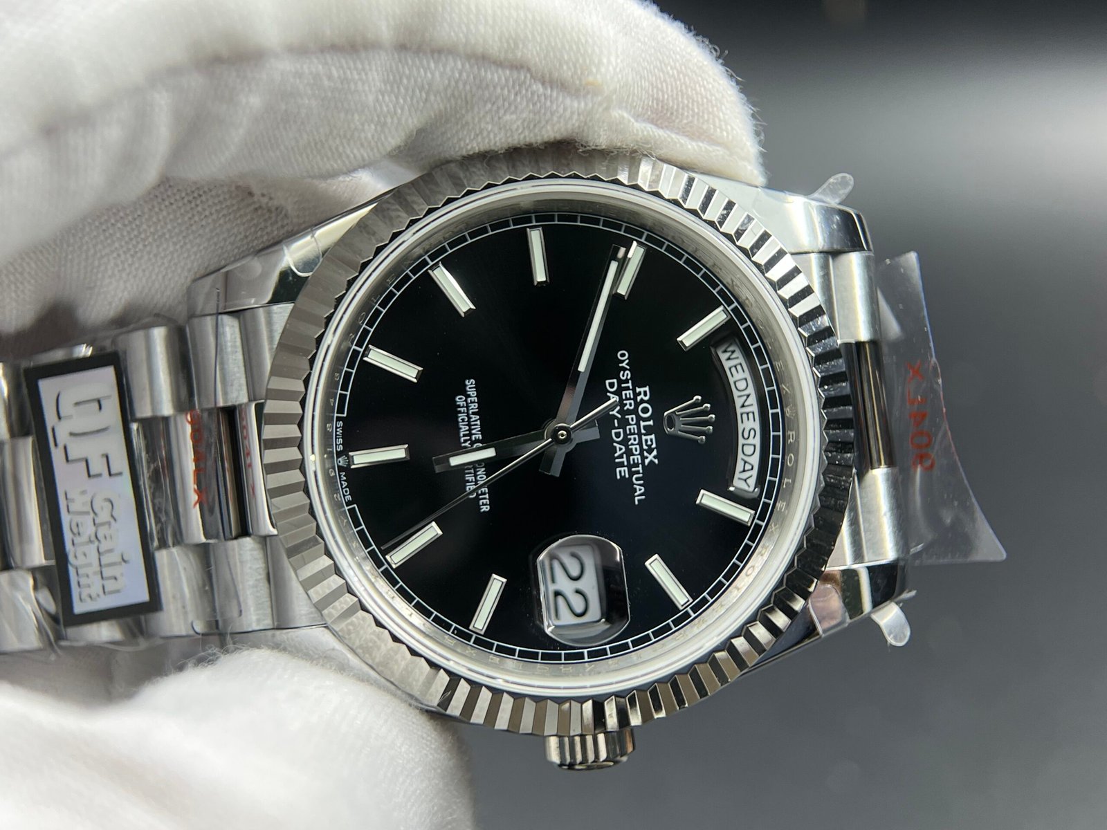 Day Date 40 SS 904L Steel QF 1:1 Best Edition Black Stick Dial on SS Bracelet A2836 (Tungsten Heavy Version) - Image 5