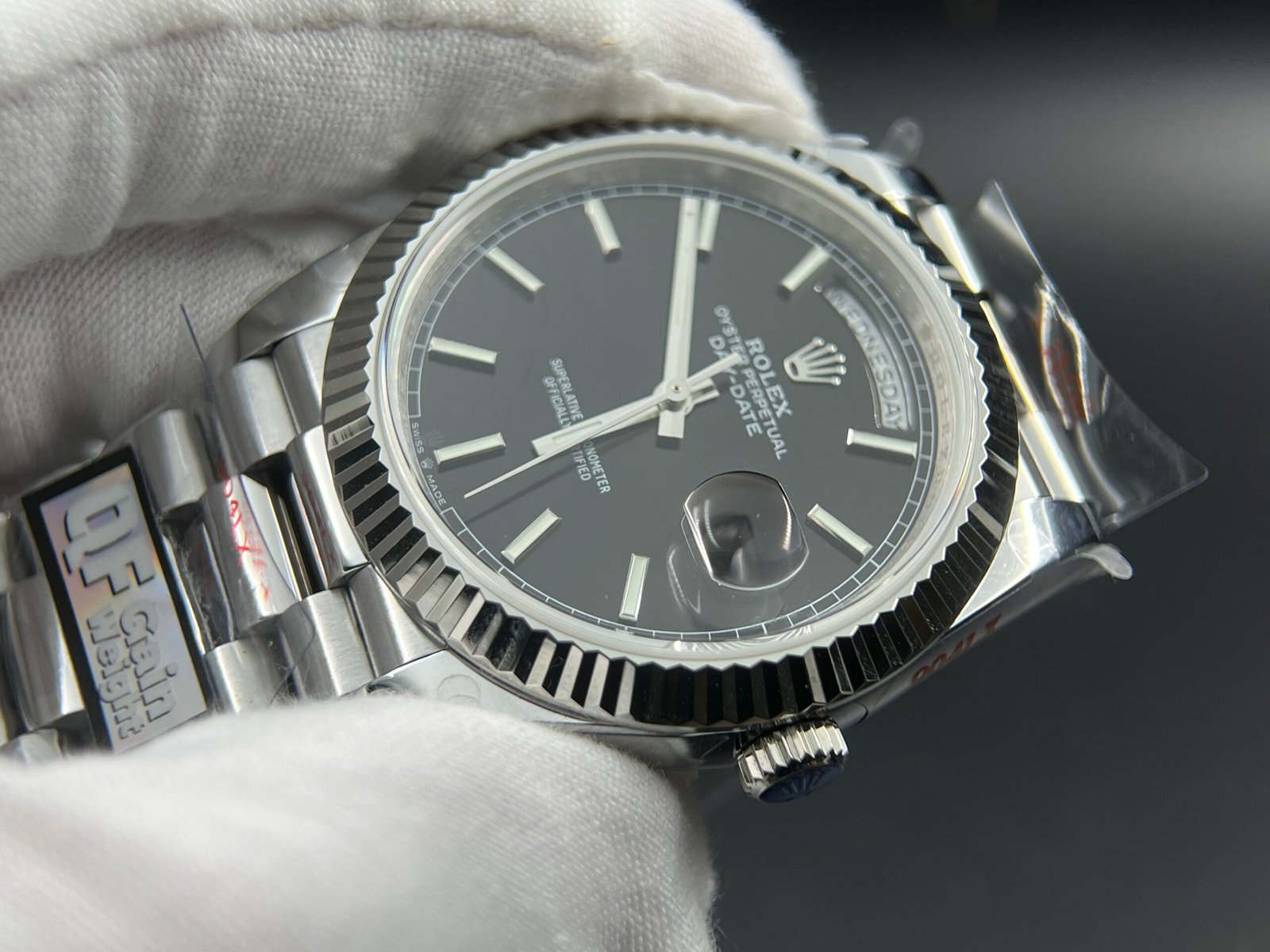 Day Date 40 SS 904L Steel QF 1:1 Best Edition Black Stick Dial on SS Bracelet A2836 (Tungsten Heavy Version) - Image 7