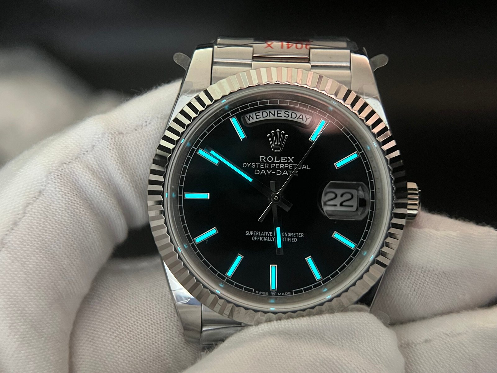 Day Date 40 SS 904L Steel QF 1:1 Best Edition Black Stick Dial on SS Bracelet A2836 (Tungsten Heavy Version) - Image 9