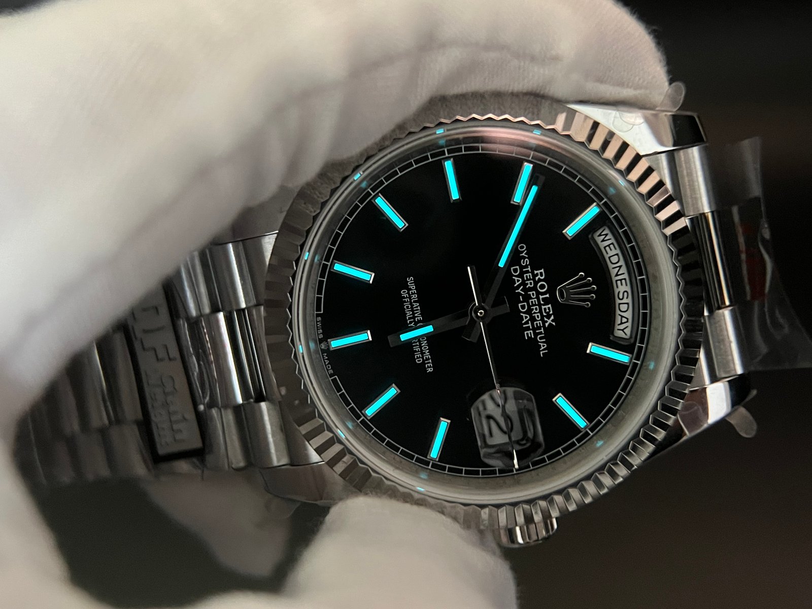 Day Date 40 SS 904L Steel QF 1:1 Best Edition Black Stick Dial on SS Bracelet A2836 (Tungsten Heavy Version) - Image 11